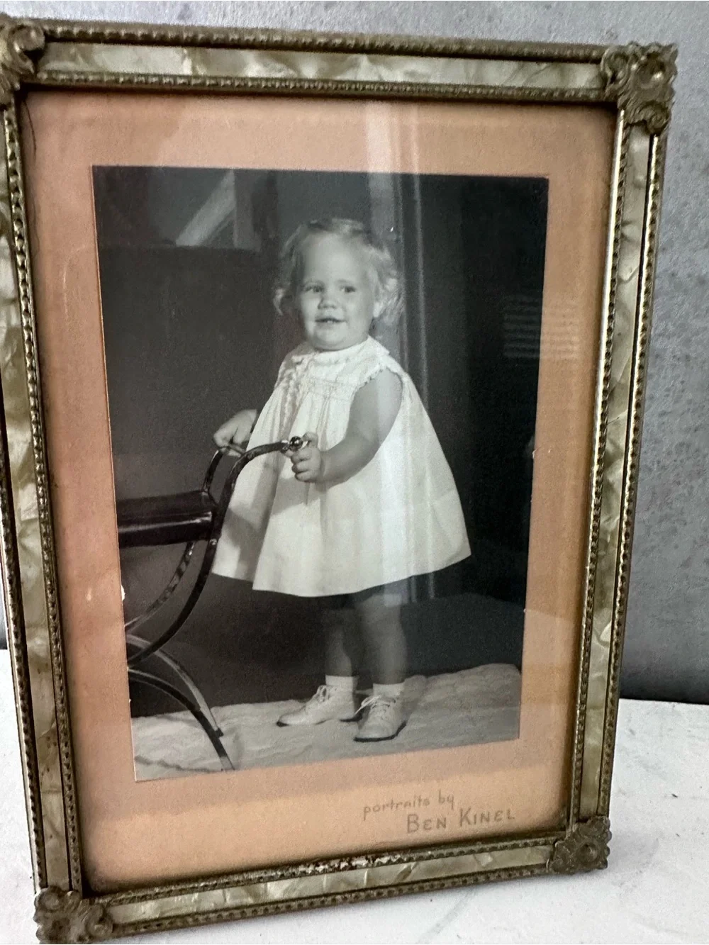Vtg Baby Girl Photo Ornate Metal faux pearl liner Frame 5x7